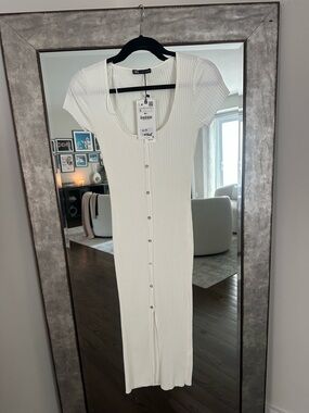 Zara Cream Ribbed Button-Front Midi Dress